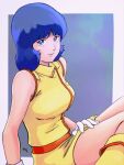  1girl belt black_hair blue_eyes breasts commentary_request dress fa_yuiry gloves grey_background gundam happy_birthday highres looking_at_viewer medium_breasts medium_hair moroboshi_danshaku signature sleeveless sleeveless_jacket smile solo uniform white_background white_gloves yellow_dress yellow_footwear zeta_gundam zeta_gundam_(mobile_suit) 