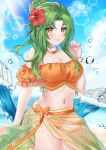  1girl bare_shoulders bikini blue_sky cloud commentary_request cowboy_shot day elincia_ridell_crimea felielle fire_emblem fire_emblem:_radiant_dawn fire_emblem_heroes flower green_hair hair_flower hair_ornament hand_up hibiscus jewelry lens_flare long_hair looking_at_viewer navel necklace off-shoulder_bikini off_shoulder official_alternate_costume orange_bikini puffy_short_sleeves puffy_sleeves red_flower sarong short_sleeves sky smile solo standing stomach swimsuit thighs yellow_eyes 