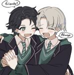  2boys albus_severus_potter black_hair black_robe blonde_hair collared_shirt commentary_request curtained_hair diagonal-striped_necktie english_text friends green_necktie green_sweater happy harry_potter_(series) harry_potter_and_the_cursed_child highres hogwarts_school_uniform holding_hands lapels long_sleeves male_focus matecharon multiple_boys necktie notched_lapels open_mouth parted_hair robe school_uniform scorpius_malfoy shirt side-by-side slytherin smile speech_bubble striped_necktie sweater two-tone_necktie upper_body v-neck white_background white_shirt wizarding_world 