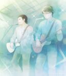  2boys beard blue_shirt brown_hair facial_hair glasses guitar hair_slicked_back highres holding holding_instrument indoors instrument male_focus microphone microphone_stand multiple_boys music playing_instrument shirt short_hair singing stage_lights takeda_mika white_shirt 
