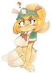  1girl ? arm_support blonde_hair blush blush_stickers brown_eyes cleptorar closed_mouth collared_shirt crop_top fang fang_out full_body goombella green_sleeves hardhat headlight helmet high_ponytail mario_(series) mining_helmet neckerchief panties paper_mario paper_mario:_the_thousand_year_door red_neckerchief shirt short_sleeves side-tie_panties simple_background sitting sleeves_rolled_up spoken_question_mark thighhighs underwear v-shaped_eyebrows white_background white_panties white_shirt white_thighhighs yokozuwari 
