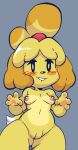  4_toes accessory animal_crossing black_eyes black_nose blonde_hair blush breasts canid canine canis domestic_dog english_description feet female fur genitals hair hair_accessory hair_ribbon isabelle_(animal_crossing) mammal multicolored_body multicolored_fur naked_female nintendo nipples nude nude_female oiruazumel paws pink_nipples pussy ribbons solo tail tan_body tan_fur teeth toes white_body white_fur yellow_body yellow_fur 