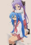  2girls absurdres blue_eyes blue_hair brown_hair closed_mouth highres hiiragi_kagami izumi_konata light_smile long_hair lucky_star multiple_girls purple_hair red_skirt sitting skirt zuzj5424 