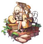  2girls boots brown_hair dress falcon_(girls&#039;_frontline) full_body girls&#039;_frontline grey_hair guitar head_scarf holding holding_instrument holding_pencil instrument jacket long_hair m200_(girls&#039;_frontline) multiple_girls music_stand on_bench on_chair pencil plant potted_plant purple_eyes red_eyes sheet_music shoes sitting skirt smile sneakers suginakara_(user_ehfp8355) white_background window 