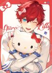  1boy aleo amagi_hiiro aqua_eyes bow character_name cherished_cutie_(ensemble_stars!) commentary earrings english_commentary ensemble_stars! facial_mark hair_bow hello_kitty hello_kitty_(character) highres hoop_earrings jewelry long_sleeves looking_at_viewer male_focus object_hug official_alternate_costume one_eye_closed open_mouth red_bow red_hair short_hair solo spade_(shape) striped striped_bow teeth upper_body upper_teeth_only whisker_markings 
