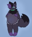  ambiguous_gender anthro belly belly_stuffing bloated blue_blush blush collar fur generation_5_pokemon green_collar green_eyes grey_body grey_fur hi_res nintendo noctis_(transtorracat) pokemon pokemon_(species) rumbling_stomach solo solo_focus tail transtorracat zorua 