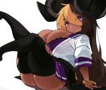  big_breasts big_butt blonde_hair breasts brown_hair butt cleavage clothed clothing dark_body dark_skin female hair hi_res horn horned_humanoid huge_breasts huge_butt humanoid legs_up looking_at_viewer multicolored_hair purple_eyes simple_background sitting smile solo thick_thighs unknown_character zanamaoria 