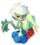  blue_flower commentary flower full_body looking_back parted_lips pokemon pokemon_(creature) red_eyes red_flower roserade simple_background solo surr_ealist white_background 