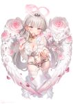  1girl angel basket bird blush breasts bridal_veil chastity_belt cleavage closed_mouth collarbone commentary earrings feathered_wings fingernails flower grey_hair halo heart heart-shaped_pupils heart_halo highres jewelry key large_breasts long_hair navel original petals pink_eyes pink_flower pink_rose ring rose ryota_(ry_o_ta) simple_background smile solo symbol-only_commentary symbol-shaped_pupils thighhighs veil very_long_hair wedding_ring white_background white_thighhighs white_wings wings 