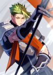  1boy absurdres achilles_(fate) armor black_shirt clenched_teeth fate/grand_order fate_(series) gauntlets green_hair grey_background haruakira highres holding holding_polearm holding_weapon male_focus orange_sash pauldrons polearm ribbed_shirt shirt short_hair shoulder_armor solo spiked_hair sweat sweatdrop teeth weapon yellow_eyes 