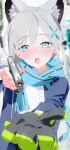  1girl absurdres aiming_at_viewer animal_ear_fluff animal_ears aqua_scarf blue_archive blue_jacket blurry blurry_background blush bm_tol extra_ears fangs gloves grey_hair gun halo handgun highres holding holding_gun holding_weapon jacket looking_at_viewer mismatched_pupils reaching shiroko_(blue_archive) single_glove solo upper_body weapon wolf_ears 