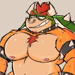  1:1 2022 anthro armband barazoku big_pecs body_hair bowser chest_hair collar digital_media_(artwork) facial_hair facial_piercing half-closed_eyes half-length_portrait hi_res horn icon janjauwu koopa looking_at_viewer male mario_bros narrowed_eyes nintendo nipples nose_piercing nose_ring nude pecs piercing portrait ring_piercing scalie shell simple_background smile smirk solo spiked_armband spiked_collar spikes 