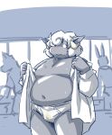  anthro belly blush bovid briefs caprine clothed clothing fur hair hair_over_eye horn male mammal moobs navel nipples one_eye_obstructed overweight partially_clothed sheep solo stained_underwear takagi_kyou tighty_whities underwear undressing white_briefs white_clothing white_underwear wool_(fur) 