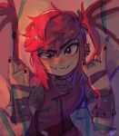  1girl bluebescuits collar dragon_wings ear_piercing grin highres looking_at_viewer nimona nimona_(character) piercing pink_hair red_eyes red_tunic sharp_teeth short_hair short_hair_with_long_locks sketch smile teeth wings 
