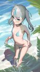  1girl :p absurdres bare_arms bare_legs bare_shoulders beach bikini bikini_pull blue_eyes blue_hair blush breasts clothes_pull collarbone day flat_chest glasses highres horizon long_hair looking_at_viewer mash_illust micro_bikini mole mole_on_thigh multicolored_hair navel ocean original outdoors palm_leaf palm_tree plant semi-rimless_eyewear shallow_water side-tie_bikini_bottom smile solo standing streaked_hair string_bikini striped striped_bikini swimsuit thigh_strap tongue tongue_out tree twintails under-rim_eyewear untied untied_bikini untying wading water wet 