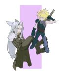  2boys animal_ears armor asymmetrical_arms belt black_coat black_footwear black_gloves black_pants blonde_hair blue_eyes blue_pants boots cat_boy cat_ears chibi cloud_strife coat commentary crossed_arms dog_boy dog_ears final_fantasy final_fantasy_vii frown glaring gloves green_eyes grey_hair hashtag_only_commentary high_collar highres invisible_chair leather_belt light_frown long_coat long_hair long_sleeves looking_at_viewer male_focus multiple_boys open_mouth pants parted_bangs pauldrons purple_background sephiroth short_hair shoulder_armor simple_background single_pauldron sitting sleeveless slit_pupils spiked_hair square_background suspenders sword sword_on_back weapon weapon_on_back xscr1205 