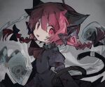  1girl :3 :d animal_ears ascot bandaged_tail bandaid bandaid_on_face black_bow black_dress bow braid cat_ears cat_girl cat_tail dress fang hair_between_eyes hair_bow highres hitodama juliet_sleeves kaenbyou_rin long_hair long_sleeves looking_at_viewer multiple_tails open_mouth puffy_sleeves red_ascot red_eyes red_hair smile solo soresaki tail touhou twin_braids two_tails upper_body 