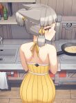  1girl alten alternate_costume alternate_hairstyle animal_ears ass back back_focus cat_ears cooking dated_commentary dress english_commentary facial_mark from_behind frying_pan grey_hair hair_ribbon highres kitchen light_blush looking_at_viewer looking_back nia_(xenoblade) pantylines ponytail ribbon short_hair short_ponytail sink solo stove variant_set whisker_markings xenoblade_chronicles_(series) xenoblade_chronicles_2 yellow_eyes 