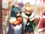  2boys absurdres aether_(genshin_impact) alternate_costume alternate_hairstyle black_hair blonde_hair chinese_clothes facial_mark fur-trimmed_jacket fur_trim genshin_impact green_hair hanfu highres hug jacket jewelry long_hair looking_at_another male_focus multicolored_hair multiple_boys object_hug open_mouth xiao_(genshin_impact) yaojicijing yellow_eyes 