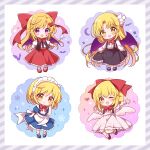  4girls angel_wings bat_wings black_skirt black_vest blonde_hair blue_dress blue_footwear blush bow buttons closed_mouth dress elis_(touhou) facial_mark fang gengetsu_(touhou) hair_bow highres holding holding_wand kurumi_(touhou) long_hair long_sleeves maid maid_headdress mugetsu_(touhou) multiple_girls one_eye_closed open_mouth pink_dress pointy_ears purple_eyes purple_wings red_bow red_footwear red_skirt shirt shoes short_hair short_sleeves skirt smile socks star_(symbol) touhou touhou_(pc-98) vest wand white_shirt white_socks white_wings wings yellow_eyes yurufuwa_milk 