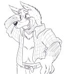  anthro australian_cattle_dog bandit_heeler belt belt_buckle bluey_(series) bottomwear canid canine canis cattledog checkered_clothing checkered_shirt checkered_topwear chris_niosi clothed clothing digital_media_(artwork) domestic_dog fur grin hand_behind_head herding_dog hi_res looking_away male mammal monochrome open_clothing open_shirt open_topwear pants pastoral_dog pattern_clothing pattern_shirt pattern_topwear shirt simple_background smile solo teeth topwear white_background 