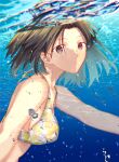  1girl alternate_costume animal bikini black_eyes black_hair breasts commentary_request fish forehead fruit_print head_tilt highres iro_(sekaixiro) kara_no_kyoukai looking_at_viewer medium_breasts print_bikini ryougi_shiki short_hair solo swimsuit underwater water white_bikini 