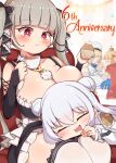  4girls :t absurdres azur_lane between_breasts blonde_hair blurry blurry_background blush breasts bright_pupils cape capelet chewing chibi closed_eyes closed_mouth commentary_request cookie crown cup cupcake double_bun dress eating english_text eyepatch food formidable_(azur_lane) gothic_lolita grey_hair hair_bun hat highres holding holding_cup huge_breasts lap_pillow le_malin_(azur_lane) le_terrible_(azur_lane) le_triomphant_(azur_lane) lolita_fashion long_hair looking_at_another multiple_girls nanashino_kihei open_mouth red_cape red_eyes short_hair smile sweatdrop tea teacup thighs very_long_hair white_capelet white_dress white_hair white_headwear white_pupils 