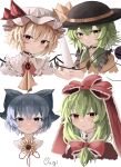  4girls :/ absurdres blonde_hair choker cirno commentary cropped_torso english_commentary flandre_scarlet front_ponytail green_eyes green_hair hair_between_eyes heart heart_choker highres kagiyama_hina komeiji_koishi looking_at_viewer medium_hair multiple_girls ougiikun red_eyes simple_background smile touhou upper_body white_background 