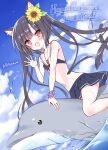  1girl animal_ears arm_up bikini bikini_skirt black_hair blush cat_ears cat_tail cloud commentary day dokidoki_sister_aoi-chan dolphin happy_birthday highres kohinata_aoi_(dokidoki_sister_aoi-chan) long_hair navel open_mouth red_eyes riding sitting sky smile swimsuit tail takahashi_tetsuya translated very_long_hair water waving 