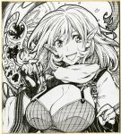  1girl alternate_costume bangs breasts cleavage commentary_request fingerless_gloves gloves greyscale highres ishida_kazuma large_breasts looking_at_viewer mizuhashi_parsee monochrome open_mouth pointy_ears scarf shikishi short_hair short_sleeves smile solo touhou traditional_media upper_body 
