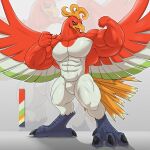  2023 abs anthro avian avian_feet beak biceps bird claws feathered_wings feathers featureless_crotch feet fist flexing flexing_biceps flexing_muscles fur generation_2_pokemon green_body green_feathers hi_res ho-oh horn legendary_pokemon light_body light_feathers male multi_tail multicolored_body multicolored_feathers multicolored_fur muscular muscular_anthro muscular_male nintendo open_mouth palette pecs pokemon pokemon_(species) pose pupils red_body red_eyes red_feathers serratus sharp_claws slit_pupils solo tail tuft underarm valentinesartx wings 