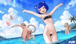  1boy 3girls :d =_= airborne animal_ears armpits arms_up ass barefoot bear_ears bear_girl bikini black_bikini blue_hair blue_sky breasts cat_ears cat_girl cat_tail closed_eyes cloud cloudy_sky commentary day english_commentary fang gris_(vertigris) gris_swimsuit groin highres innertube kara_(vertigris) legs lens_flare meme_attire mountain mouse_girl mouse_tail multiple_girls navel one-piece_swimsuit open_mouth original outdoors palm_tree perl_(vertigris) see-through_swimsuit shark_fin short_hair sky small_breasts smile soles swimsuit tail tree vertigris wading water wet white_one-piece_swimsuit 
