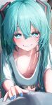  1girl absurdres all_fours aqua_eyes aqua_hair barefoot bike_shorts black_shorts blue_nails blush breasts breasts_apart collarbone grin hair_between_eyes half-closed_eyes hand_on_another&#039;s_stomach hatsune_miku highres kyktsu long_hair looking_at_viewer loose_clothes messy_hair naughty_face oversized_clothes pov shirt shorts small_breasts smile solo_focus translation_request twintails very_long_hair vocaloid white_shirt 