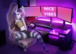  anthro clothed clothing computer fur gaming_chair girly guakupero hair hi_res inside lagomorph legwear leporid looking_at_viewer male mammal pink_hair rabbit rgb_lighting seductive solo thigh_highs tzuni_(tzuni26) white_body white_fur 