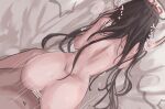  1boy 1girl ass back backboob bar_censor black_hair blue_archive breasts censored completely_nude doggystyle feet_out_of_frame from_above from_behind halo highres long_hair motion_lines nude on_bed rio_(blue_archive) sex straight_hair sweat yoshi-j 