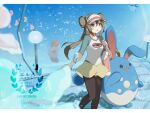  1girl :o alomomola aquarium_tunnel azumarill brown_hair commentary_request double_bun doughnut_hair_bun erua_(_8eru) green_eyes hair_between_eyes hair_bun hand_up highres holding_strap letterboxed long_hair luvdisc mantine pantyhose pantyhose_under_shorts partial_commentary pokemon pokemon_(creature) pokemon_(game) pokemon_bw2 raglan_sleeves rosa_(pokemon) shorts sleeves_past_elbows twintails visor_cap watermark yellow_shorts 