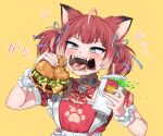  4shi ahoge akami_karubi animal_ears apron blue_eyes blue_ribbon blush burger cat_ears cat_girl collar collarbone commission cup disposable_cup drinking_straw eating fangs food frilled_apron frills hair_ribbon highres holding holding_cup holding_food indie_virtual_youtuber medium_hair messy metal_collar open_mouth paw_print pinky_out pixiv_commission red_hair red_ribbon ribbon sharp_teeth sidelocks simple_background soda teeth tongue tongue_out twintails upper_body virtual_youtuber yellow_background 