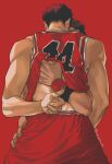  2boys back bara basketball_uniform clothes_lift feet_out_of_frame from_behind hand_on_another&#039;s_thigh hand_under_clothes highres killuaz1130 lifted_by_another male_focus mitsui_hisashi miyagi_ryouta multiple_boys shirt shirt_lift short_hair slam_dunk_(series) sleeveless sleeveless_shirt sportswear toned toned_male undressing_another yaoi 