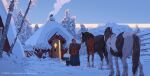  animal animal_focus braid bucket chimney english_text from_behind from_side highres horse hut light_from_door mountain old old_woman on_snow open_door original pine_tree round_eyewear saddle_blanket scenery snow snow_in_tail snow_on_fence snow_on_roof snow_on_tree snowscape tree xi_zhang 