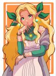  1girl blonde_hair bow breasts cleavage dark-skinned_female dark-skinned_male dark_skin dress earrings green_eyes hair_bow highres jewelry long_hair long_sleeves looking_at_viewer nonoworks parted_lips pointy_ears signature smile solo sonia_(zelda) the_legend_of_zelda the_legend_of_zelda:_tears_of_the_kingdom very_long_hair white_dress 