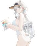  1girl animal_ears arknights ass aurora_(arknights) back_cutout bare_arms bare_shoulders bear_ears bear_tail blue_eyes blush book breasts brown_headwear cherry clothing_cutout commentary crossed_bangs cup dice_hair_ornament food fruit hair_behind_ear hair_ornament hair_over_one_eye highres holding holding_cup huge_breasts ice_cream ice_cream_float lal!role long_hair looking_at_viewer one-piece_swimsuit paw_print sideboob sidelocks simple_background solo spoon sunglasses swimsuit tail thermos wafer_stick white_background white_bag white_hair white_one-piece_swimsuit 