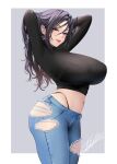  1girl arms_behind_head black_hair black_sweater breasts cleavage g-string large_breasts lips long_hair looking_at_viewer masami_chie mole mole_under_eye navel original pants signature solo sweater thong torn_clothes torn_pants underwear 