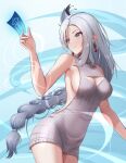  1girl bare_arms bare_shoulders blue_background breasts commentary covered_navel cowboy_shot dealesis dress genshin_impact grey_eyes grey_hair hair_ornament hand_up head_tilt highres large_breasts long_hair ofuda ribbed_dress shenhe_(genshin_impact) sleeveless solo standing thighs very_long_hair 