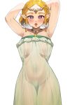  1girl alternate_eye_color armpits arms_up blonde_hair blush braid breasts breasts_apart circlet crown_braid dress earrings english_commentary esencey green_eyes grey_dress heart heart-shaped_pupils heavy_breathing highres in_heat jewelry looking_at_viewer medium_breasts necklace official_alternate_costume open_mouth parted_bangs pointy_ears princess_zelda red_eyes see-through see-through_dress short_hair solo strapless strapless_dress sweat symbol-shaped_pupils the_legend_of_zelda the_legend_of_zelda:_tears_of_the_kingdom tongue tongue_out white_background 