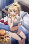  1girl 1other bed blonde_hair blush bra bra_removed braid breasts burger cheese commentary_request cup disposable_cup drink drinking_straw eating fate/apocrypha fate_(series) feet_out_of_frame food french_braid french_fries green_eyes grey_panties grey_sports_bra highres holding holding_cup holding_drink holding_food indoors ketchup long_hair looking_at_another looking_at_viewer mordred_(fate) mordred_(fate/apocrypha) no_pants on_bed panties parted_bangs pillow ponytail red_bra red_panties red_scrunchie scrunchie sidelocks sitting small_breasts sports_bra tonee underwear underwear_only 