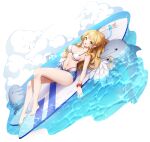  1girl :d adrianne_(eversoul) angel angel_wings bare_arms bare_legs bare_shoulders barefoot bikini blonde_hair blue_halo blush breasts cloud denim denim_shorts dolphin eversoul feathered_wings flower game_cg green_eyes halo highres long_hair looking_at_viewer looking_to_the_side lying medium_breasts midriff ocean official_alternate_costume official_art on_back open_fly open_mouth panty_straps pointy_ears red_flower shorts smile solo stomach surfboard swimsuit tachi-e transparent_background white_bikini wings wristlet 