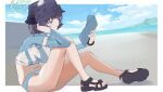  1girl bare_legs bikini blue_archive blue_bikini blush breasts bucket_hat chikoku halo hat highres knees_up large_breasts long_sleeves looking_at_object raglan_sleeves rash_guard saki_(swimsuit)_(blue_archive) sandals sitting solo swimsuit watch wristwatch 