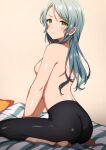  1girl aqua_hair ass bang_dream! black_leggings blush breasts commentary_request from_side green_eyes highres hikawa_sayo indoors leggings long_hair looking_at_viewer medium_breasts nipples noshimurin on_bed seiza sitting solo sweat topless 