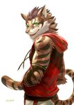  anthro arm_tuft clothed clothing countershade_face countershade_fur countershading elbow_tuft felid feline fur fur_tuft green_eyes hoodie inner_ear_fluff leopard_cat looking_at_viewer male mammal nekojishi open_mouth open_smile prionailurus red_clothing red_hoodie red_topwear shu-chi simple_background sky_gomi sleeveless_hoodie smile smiling_at_viewer solo studio_klondike tail topwear tuft white_background 