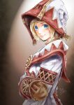  1girl 2019 adventurer_(ff11) artist_name blonde_hair blue_eyes brown_mittens closed_mouth dated final_fantasy final_fantasy_xi hand_on_own_arm hat hume long_sleeves looking_at_viewer mittens morere pink_lips red_headwear red_robe robe short_hair signature smile solo two-tone_headwear two-tone_robe white_headwear white_mage white_robe 